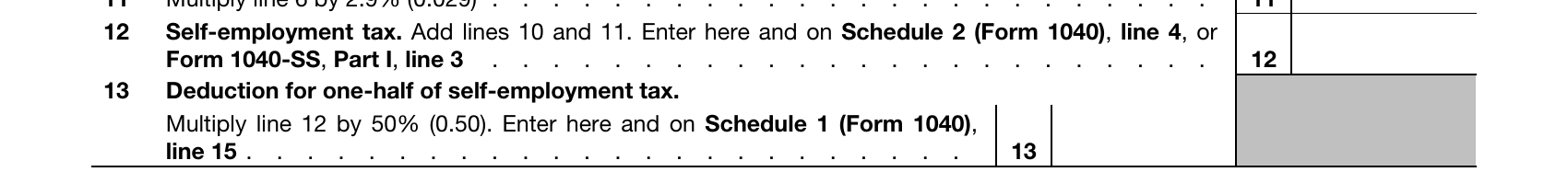Schedule SE (draft) lines 12–13, then arrows — line 12 → Schedule 2 line 4 → Schedule 2 line 21 → Form 1040 line 23; line 13 → Schedule 1 line 15
