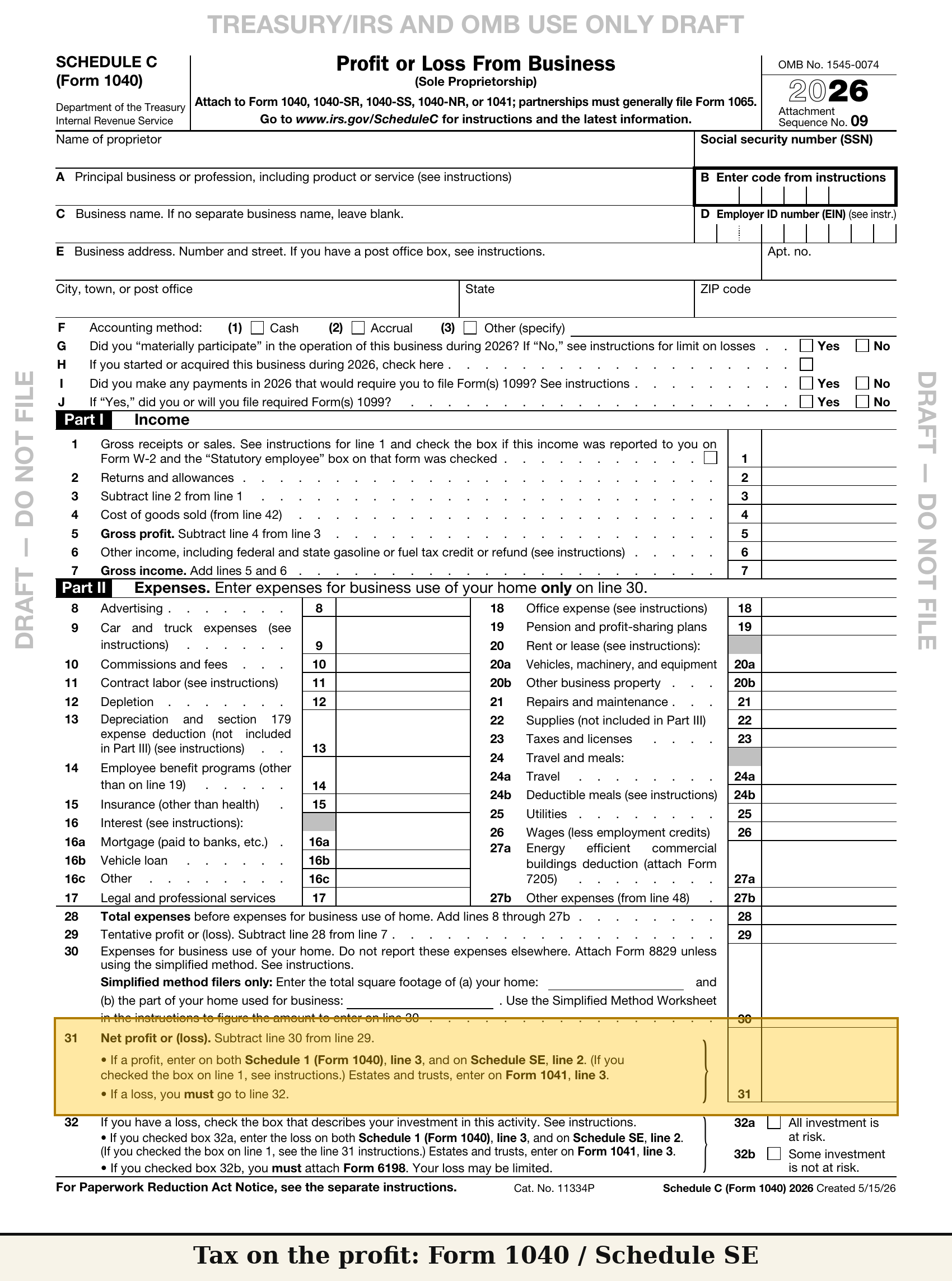 Schedule C full-page draft, greyed, with three callouts: "Tax on the profit: Form 1040 / Schedule SE" / "Estimated payments: Form 1040-ES" / "State taxes: not covered"