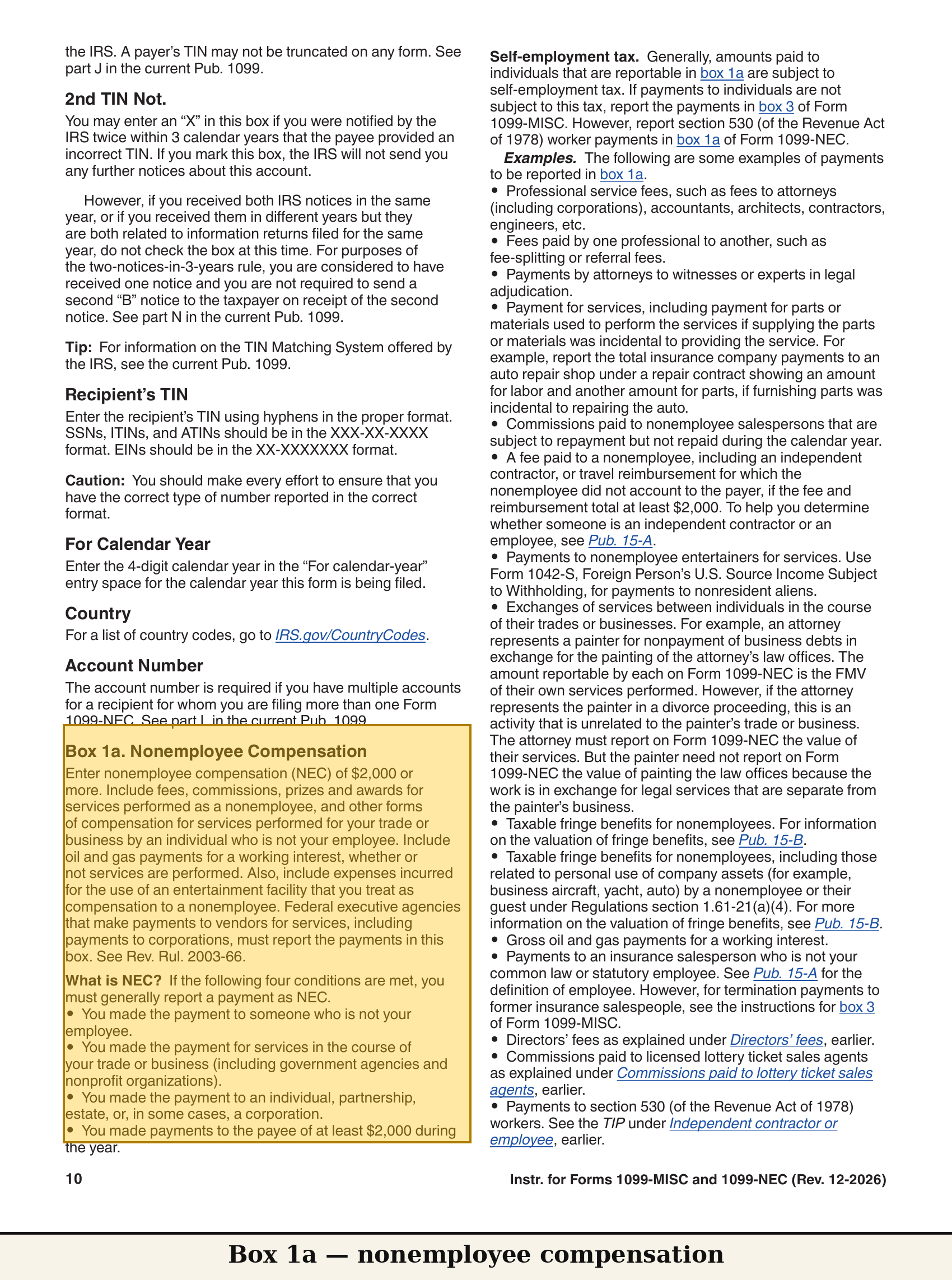 Instructions for Forms 1099-MISC and 1099-NEC capture — box 1 reporting conditions highlighted