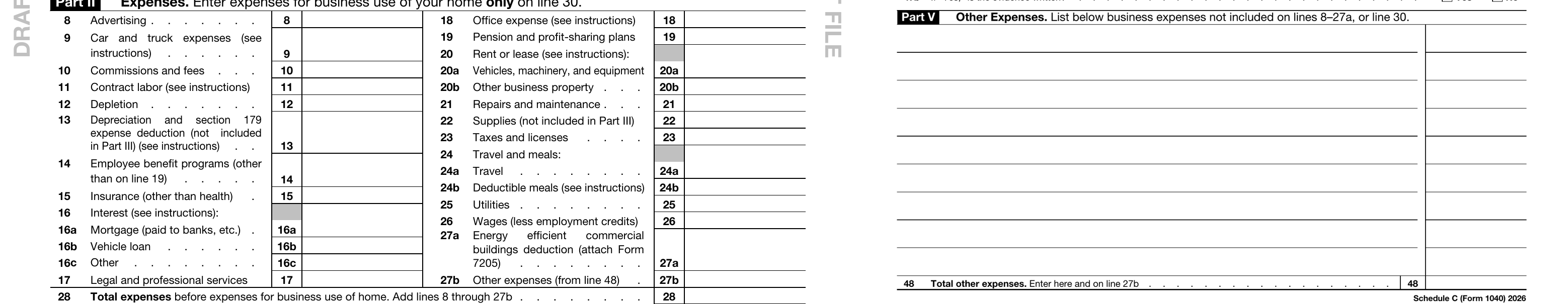 Schedule C (draft) Part II zoomed in turn: line 11, line 18, then Part V line 48 with an arrow to line 27b, then line 8