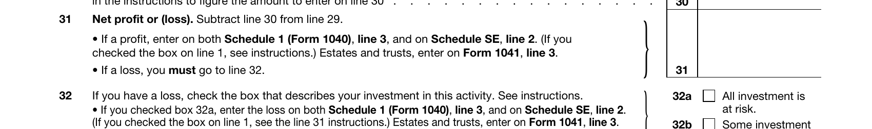 Schedule C (draft) line 31 zoomed, then arrows — line 31 → Schedule 1, line 3 → Schedule 1, line 10 → Form 1040, line 8; line 31 → Schedule SE, line 2