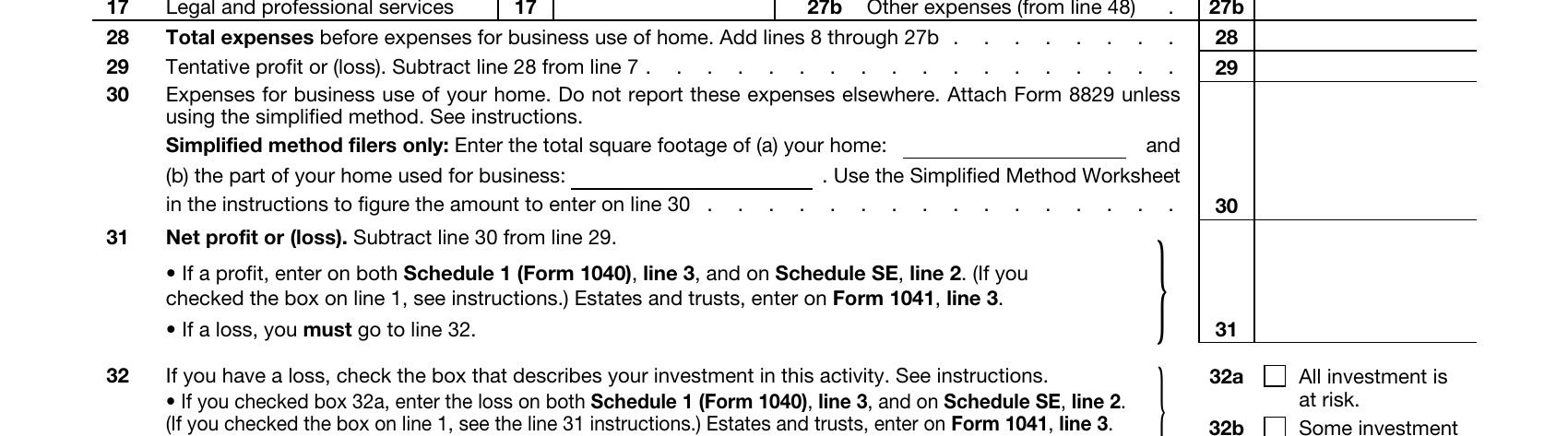 Schedule C (draft), Part II tail — lines 28, 29, 30, 31 in sequence, highlighted one at a time