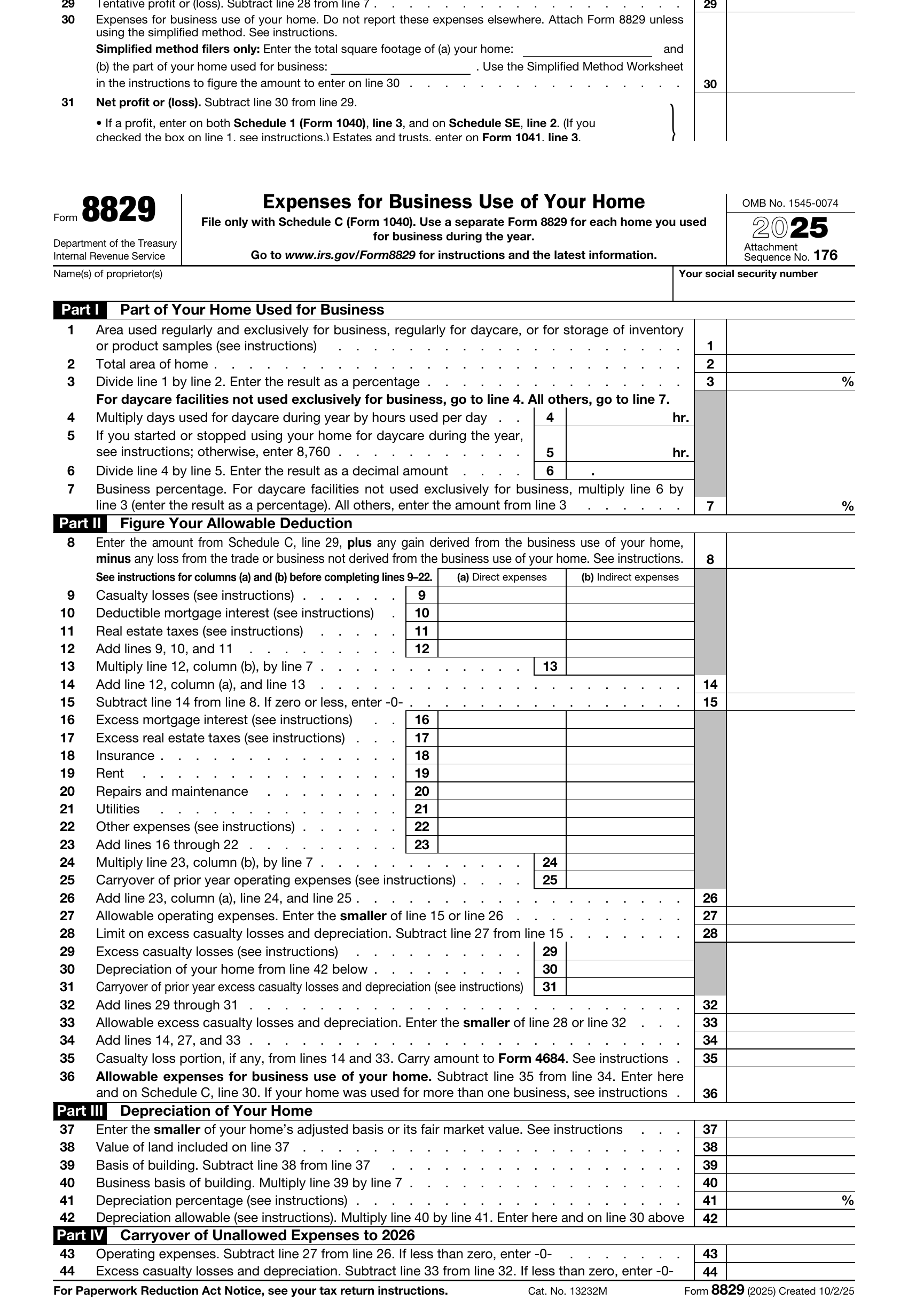 Schedule C line 30 text zoomed on the words "Attach Form 8829 unless using the simplified method", then a closed Form 8829 cover — the form is shown, its lines are not opened