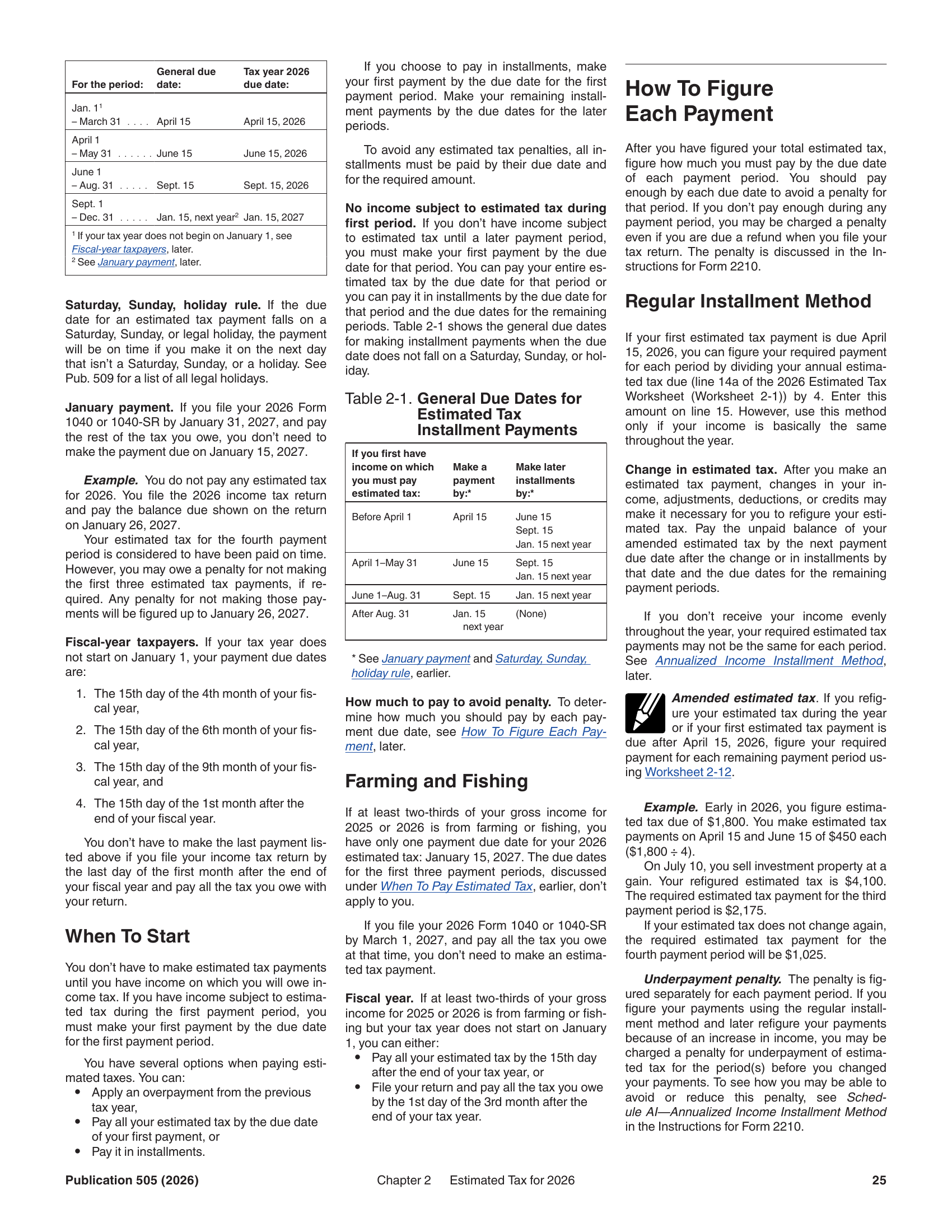 Publication 505 (2026), Ch. 2 — the four payment dates in a row: Apr 15 / Jun 15 / Sep 15 / Jan 15, 2027, with the four periods under them: 3 months, 2 months, 3 months, 4 months