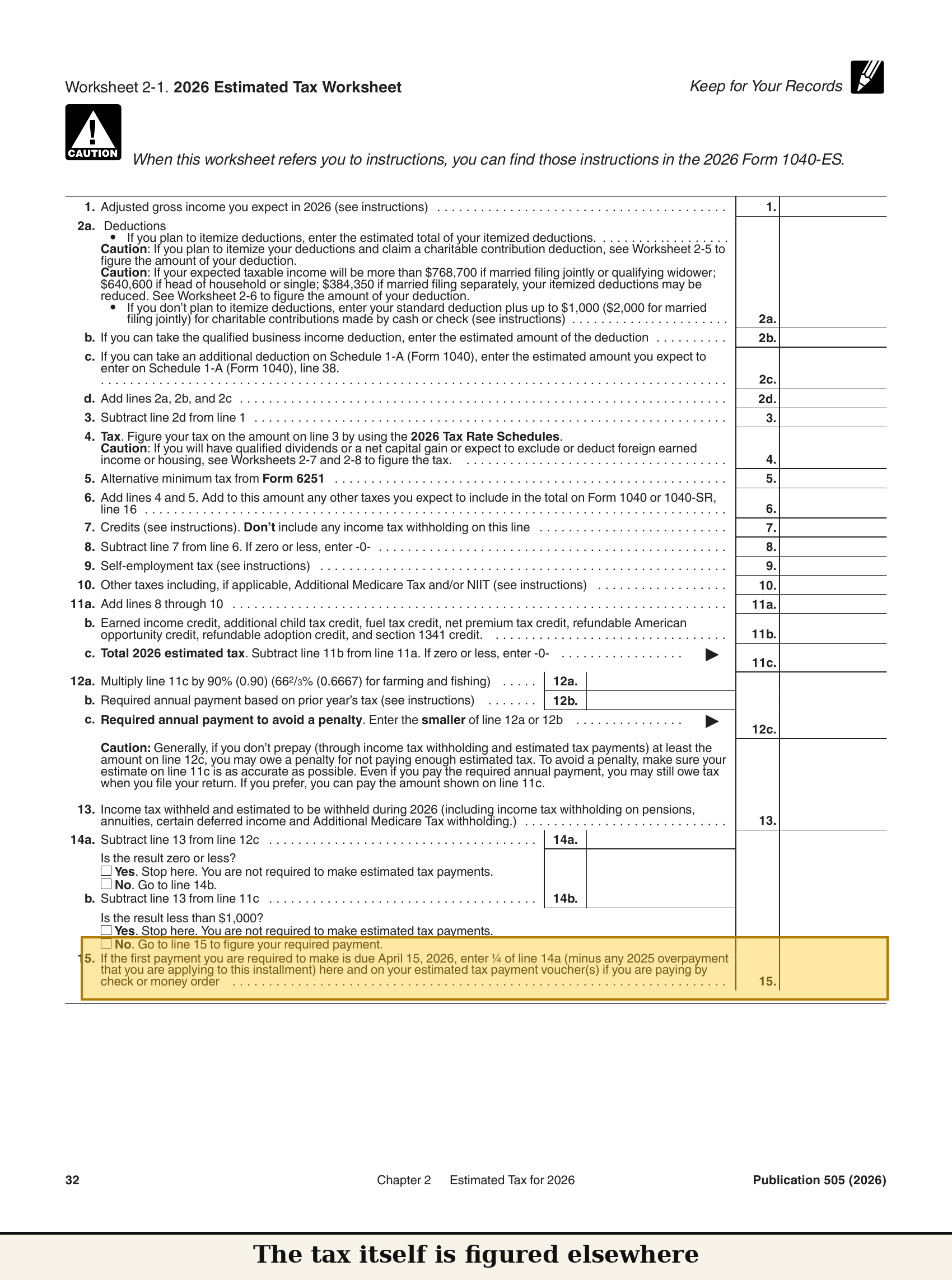 Worksheet 2-1 full page, greyed, with three callouts: "The tax itself is figured elsewhere" / "Annualized method: Form 2210, Schedule AI — Article 4" / "State taxes: not covered"