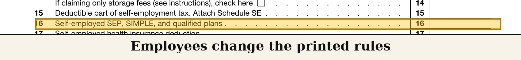 Schedule 1 (draft) line 16 label with "SIMPLE" greyed; callouts: "Employees change the printed rules" / "Catch-ups: printed, not computed here" / "State taxes: not covered"